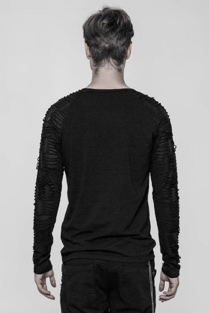 Black Long Sleeves Metal D-buckle Ripped Steampunk T-shirt