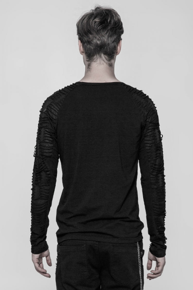 Black Long Sleeves Metal D-buckle Ripped Steampunk T-shirt