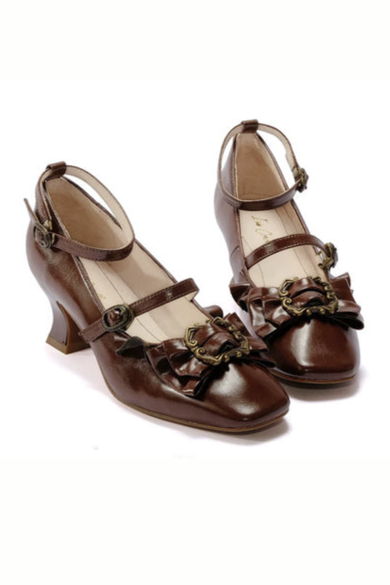 Leather Ribbon Ruffle Lolita Heels