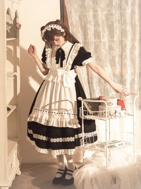 Front Ribbon Lantern Long Sleeve Maid Dress + Ruffle Big Ribbon Apron