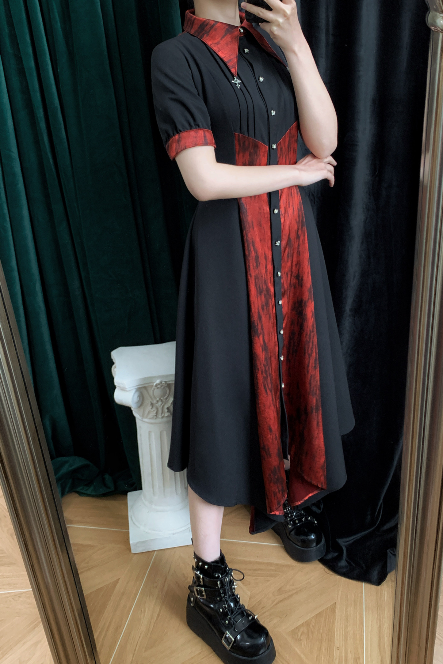 High Collar Blocking Asymmetrical Dress