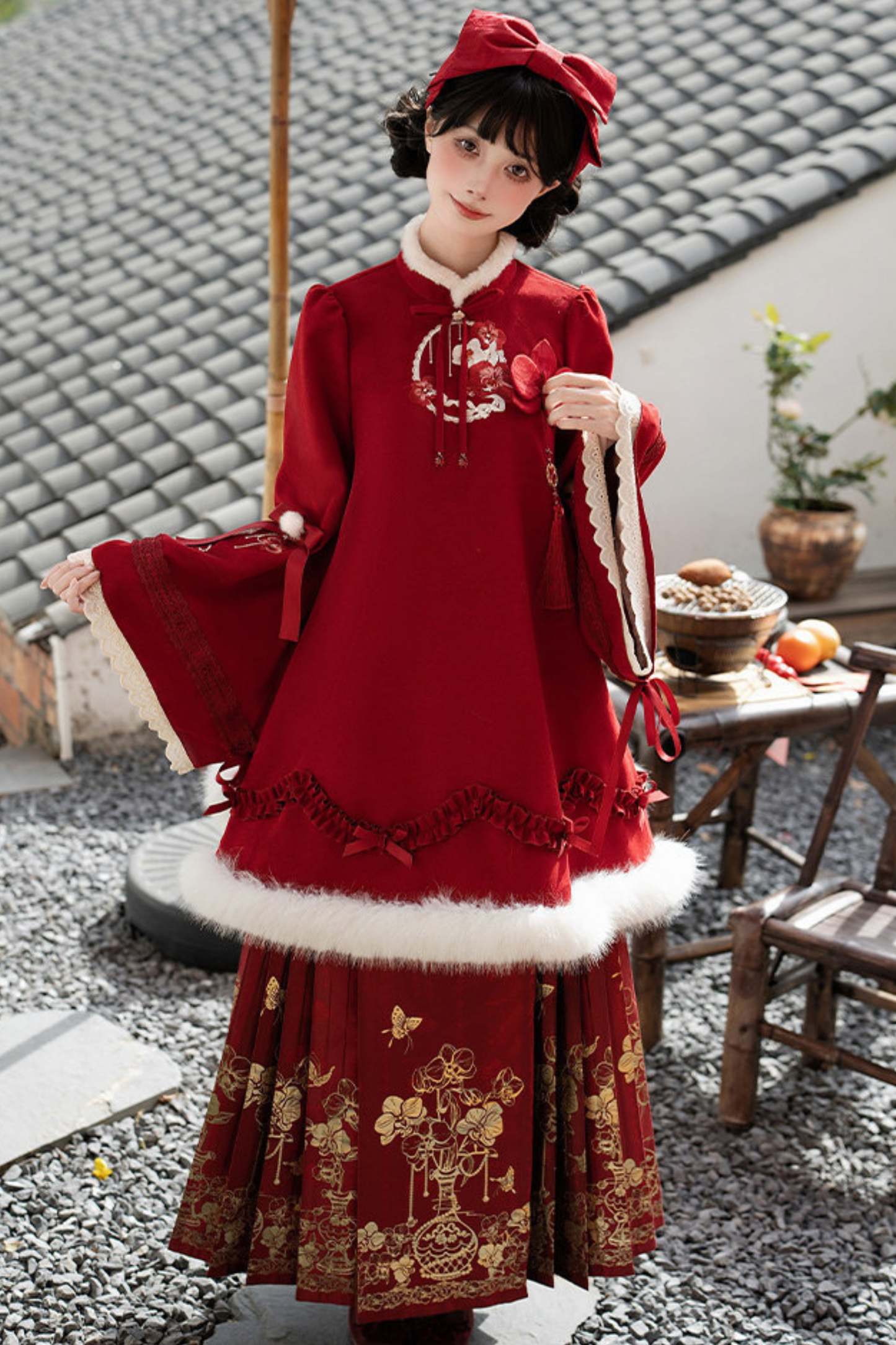 Chinese-style Big Sleeve Dress + Apron + Skirt + Leg Warmers + Hairband + Clip + Pin