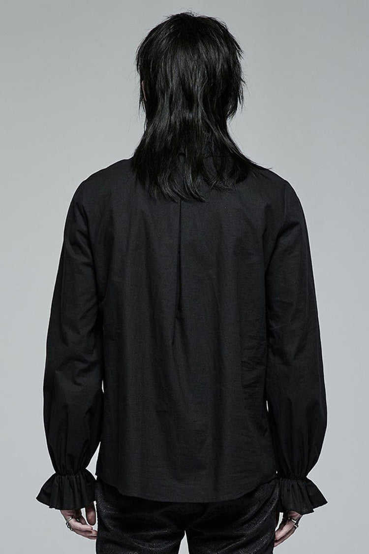 Black Gothic Pure Cotton No Elasticity Neckline Pleats Lace Ruffle Embroidery Tie Rope Design Shirt