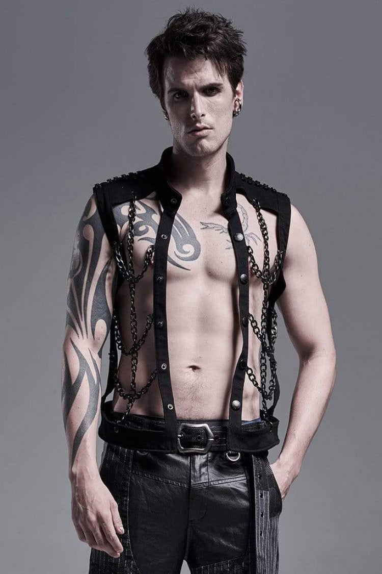Black Stand Collar Single-breasted Metal Rivet Chain Decoration Hollow Steampunk Vest
