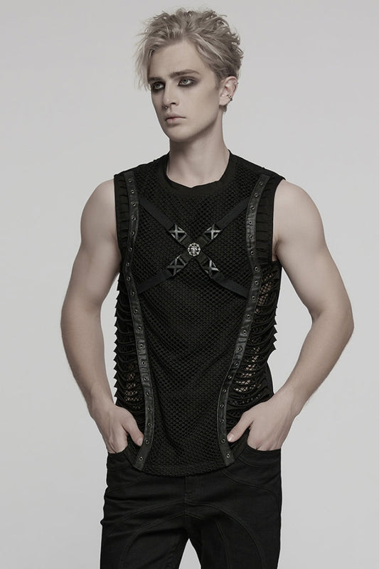 Black Round Collar Sleeveless Stitching Mesh Buckle Punk Vest