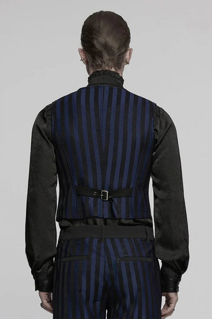 Black/blue V Collar Sleeveless Striped Print Buckle Punk Vest