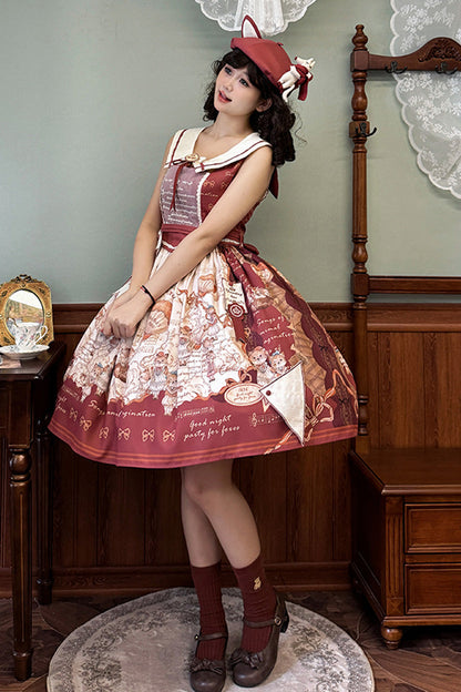 Wine Red [fox Band] Print Square Collar Bowknot Classic Lolita Jumper Dress