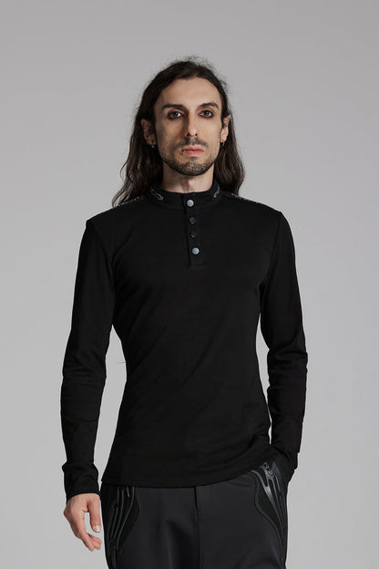 Black Stand Collar Long Sleeves Punk Military T-shirt