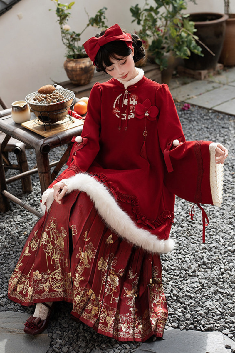 Chinese-style Big Sleeve Dress + Apron + Skirt + Leg Warmers + Hairband + Clip + Pin