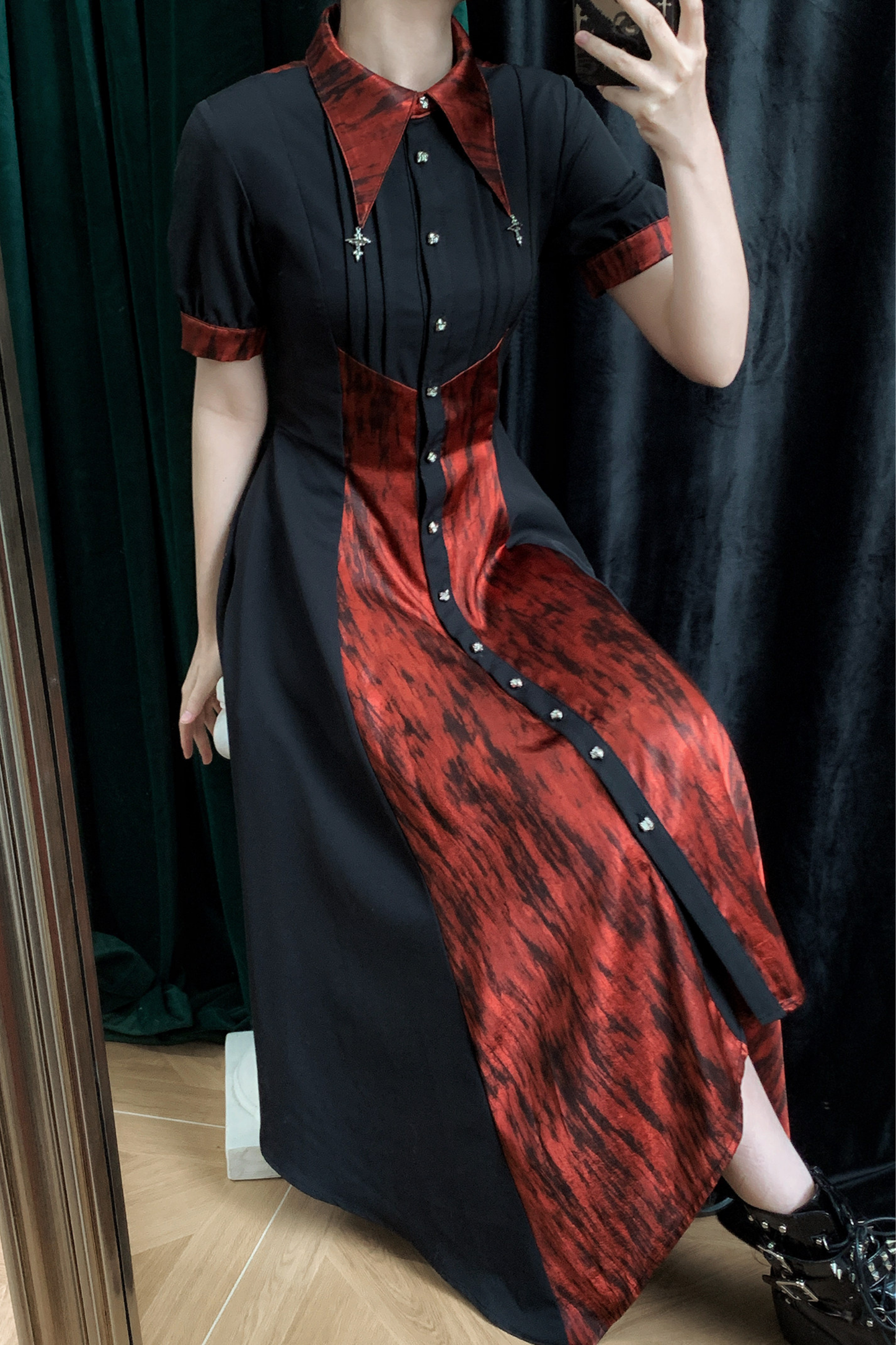High Collar Blocking Asymmetrical Dress