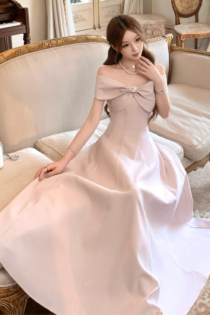 Off Shoulder Ribbon Short Flare Dress + Long Flare Dress