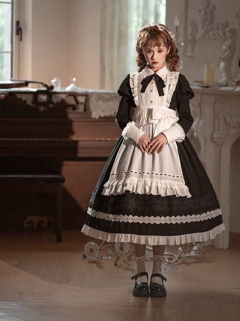 Front Ribbon Lantern Long Sleeve Maid Dress + Ruffle Big Ribbon Apron