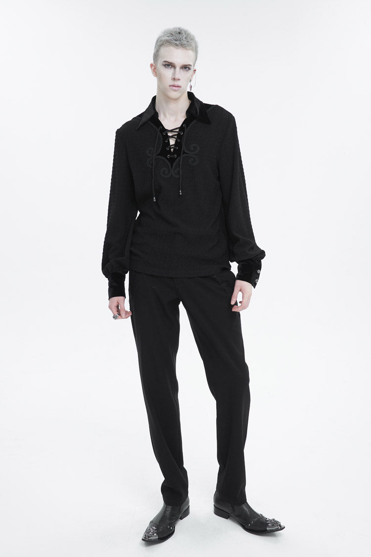 Black Embroidered Chest With Drawstring Strappy Puff Sleeved Gothic Shirt