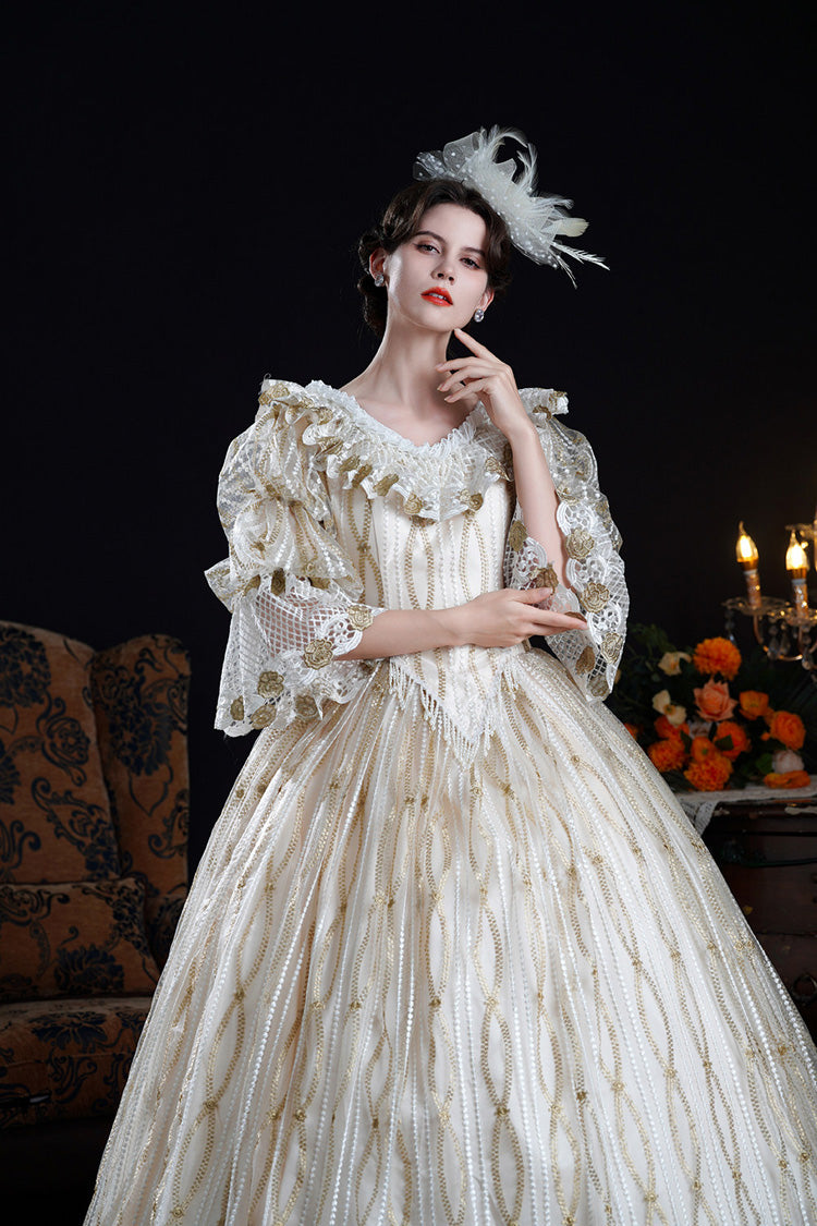 Champagne Long Puff Sleeves Ruffled Cut-out Mesh Classic Palace Lolita Victorian Dress