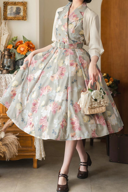 [afternoon Forest] French Audrey Hepburn Style V Collar Sleeveless Printed Classic Lolita Dress 3 Colors