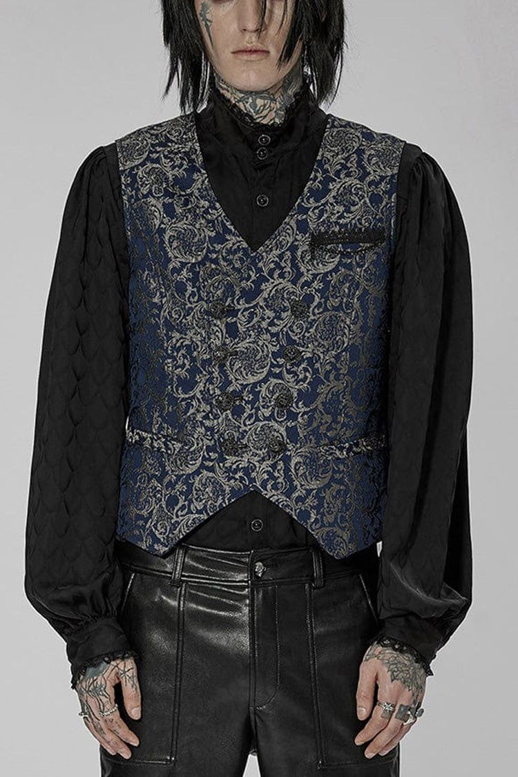 Blue Punk V Neck Asymmetrical Relief Sculpture Jacquard Double Row Hand Seam Button Vest