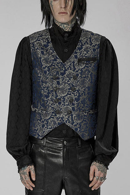 Blue Punk V Neck Asymmetrical Relief Sculpture Jacquard Double Row Hand Seam Button Vest