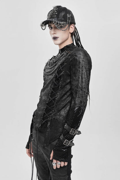 Black Stitching Lace-up Mesh Chain Punk Blouse