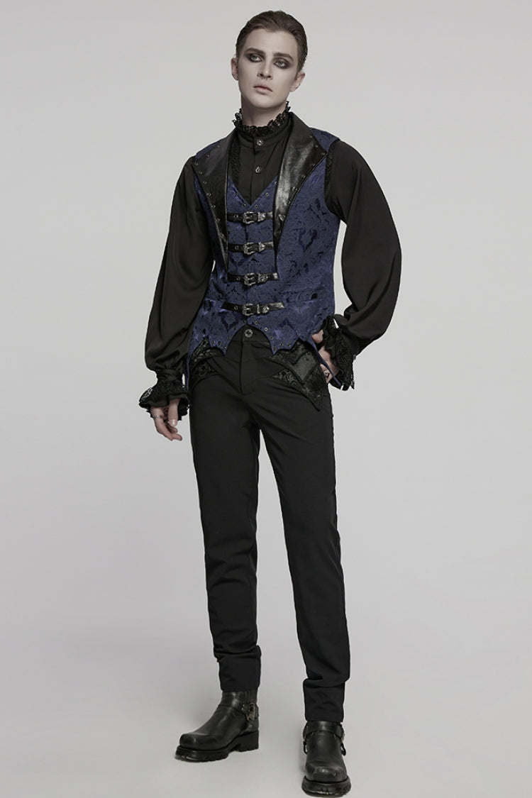 Black/blue Lapel V-neck Sleeveless Jacquard Buckle Gothic Vest