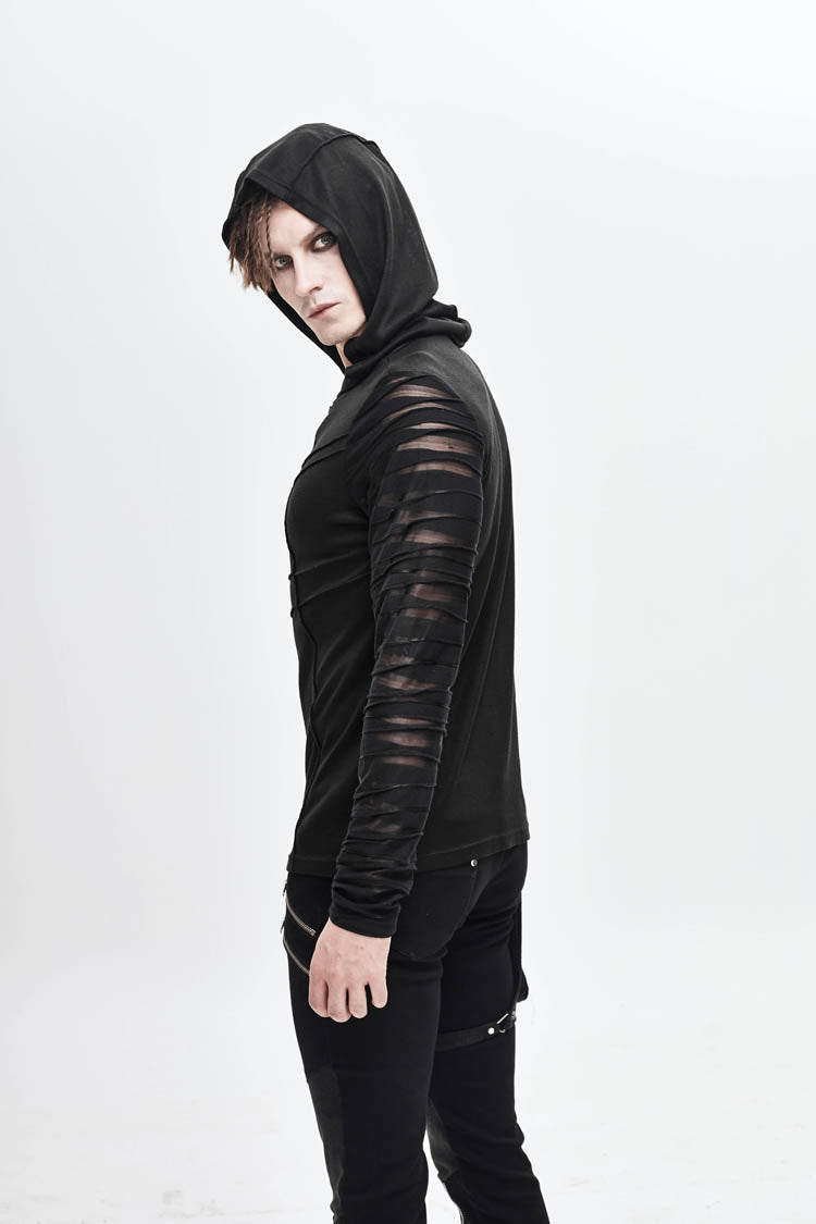 Black Collar Metal Button Irregular Striped Patchwork Bandage Hooded Punk T-shirt