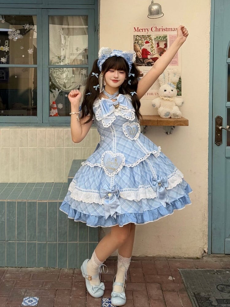 [pre-order Deadline: May 10] Blue/yellow/pink Sweetheart Lolita Ribbon Puff Sleeve Tiered Dress + Bunny Ear Full Set + Cat Ear Full Set