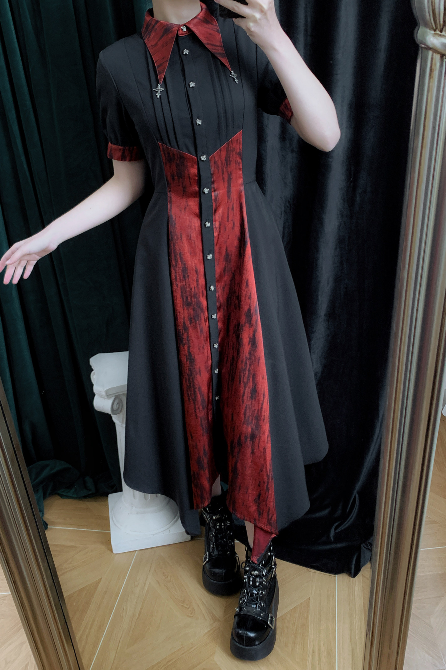 High Collar Blocking Asymmetrical Dress