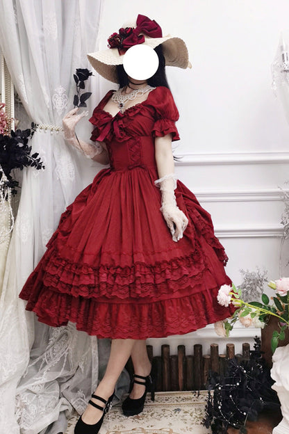 Red Short Puff Sleeves Multi-layered Ruffle Bowknot Classic Lolita Dress