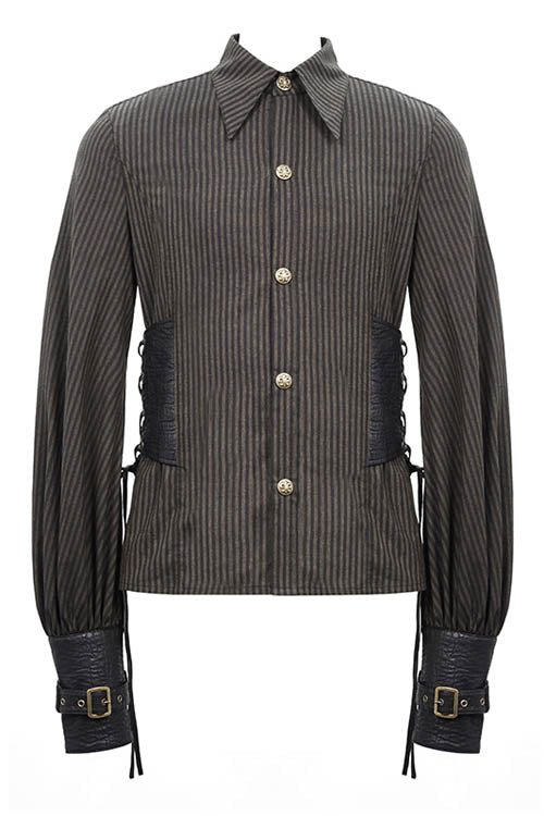 Brown Striped Waist Cuff Leather Punk Blouse