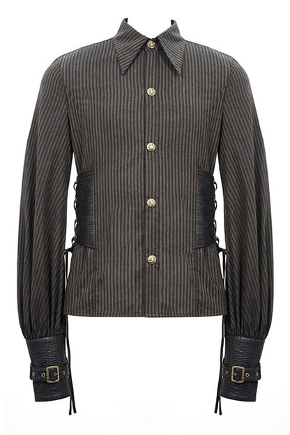 Brown Striped Waist Cuff Leather Punk Blouse