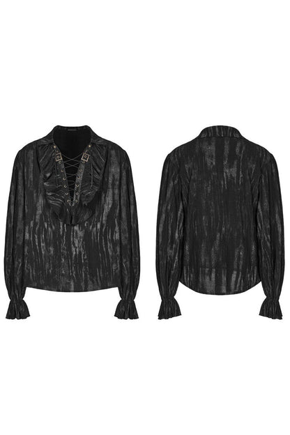 Jacquard V Collar Lantern Sleeves Print Ruffle Gothic Blouse 2 Colors