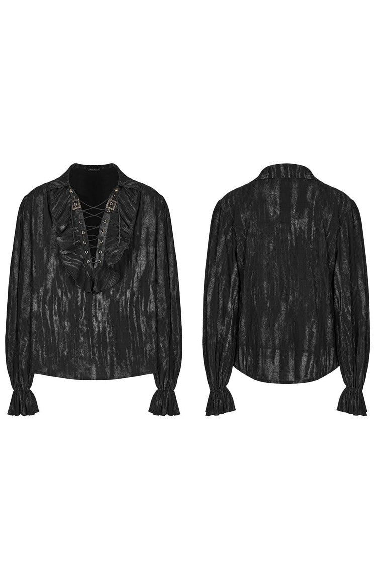 Jacquard V Collar Lantern Sleeves Print Ruffle Gothic Blouse 2 Colors