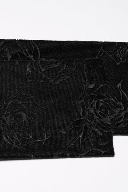 Black Stand Collar Long Sleeves Rose Embossed Lace-up Zippered Gothic Top