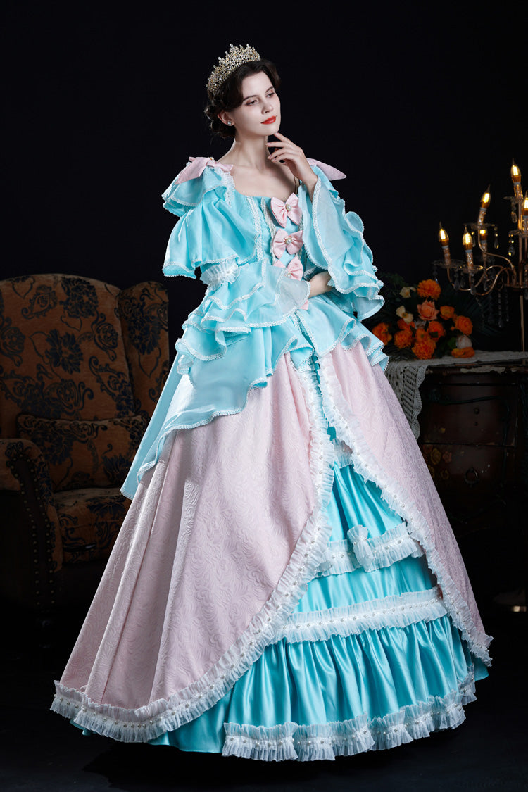 Blue/pink Square Collar Long Trumpet Sleeves Triple-layered Ruffled Open-front Bow Classic Palace Lolita Victorian Dress