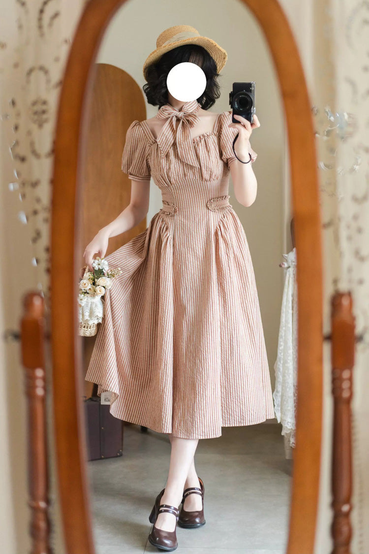 Red [chantilly Forest] Square Collar Short Sleeves Striped Printed Ruffled Classic Lolita Dress