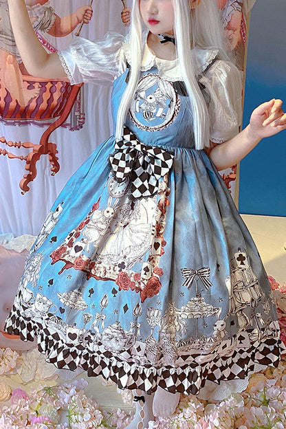 Multi-color Blue Alice Bunny and Princess Party Print Sleeveless Bowknot Classic Gothic Lolita Jsk Dress