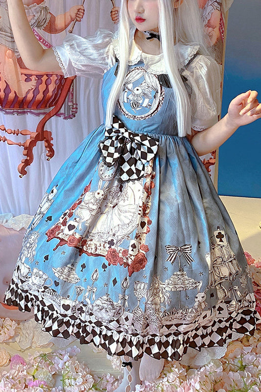 Multi-color Blue Alice Bunny and Princess Party Print Sleeveless Bowknot Classic Gothic Lolita Jsk Dress