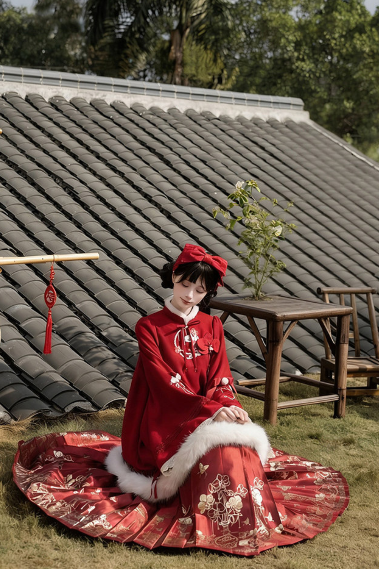 Chinese-style Big Sleeve Dress + Apron + Skirt + Leg Warmers + Hairband + Clip + Pin