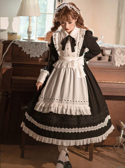 Front Ribbon Lantern Long Sleeve Maid Dress + Ruffle Big Ribbon Apron