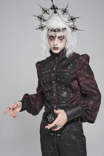 Black/red Stand Collar Long Lantern Sleeves Print Embroidery Gothic Blouse