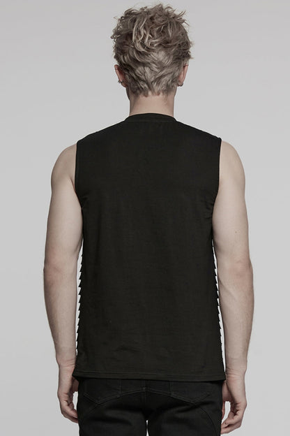 Black Round Collar Sleeveless Stitching Mesh Buckle Punk Vest