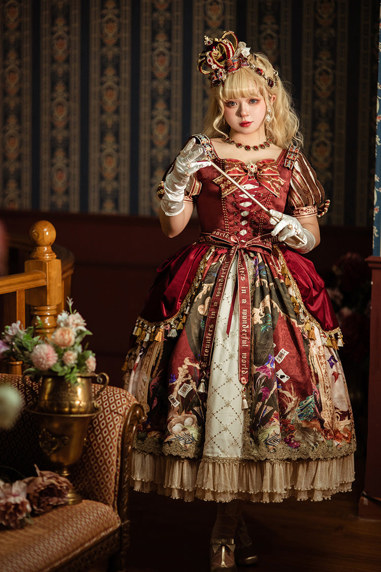 Red [kaleidoscope of Dreams] Double-layered Print Embroidery Bowknot Lace-up Classic Lolita Dress