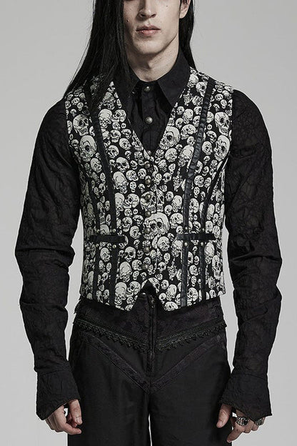 White/black Contrast Sleeveless Skulls Print Jacquard Hollow Gothic Vest