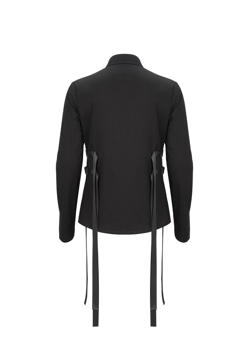 Black Nylon Strap Metal Buckle Decoration Long Sleeve Elasticity Punk Shirt