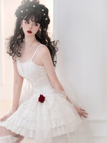 Rose Ribbon Tulle Lace Up Tiered Cami Dress