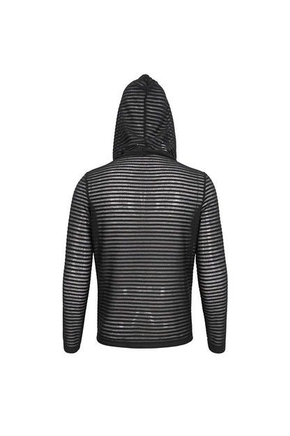 Black Striped Sheer Long Sleeve Punk Sweatshirt Hooded