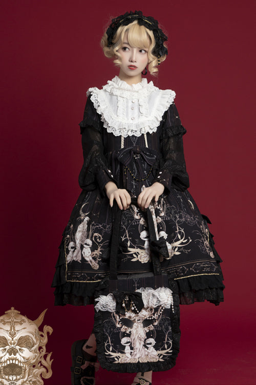 Round Collar Ruffled Long Sleeves Reunion World Print Classic Lolita Op Dress