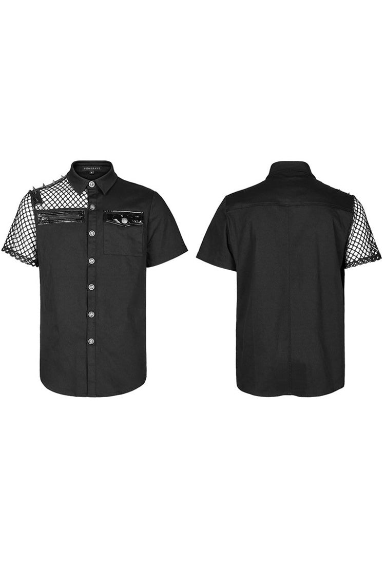 Black Punk Elastic Cotton Twill Fabric Spliced Diamond Mesh Asymmetrical Personality Short Sleeve Shirt