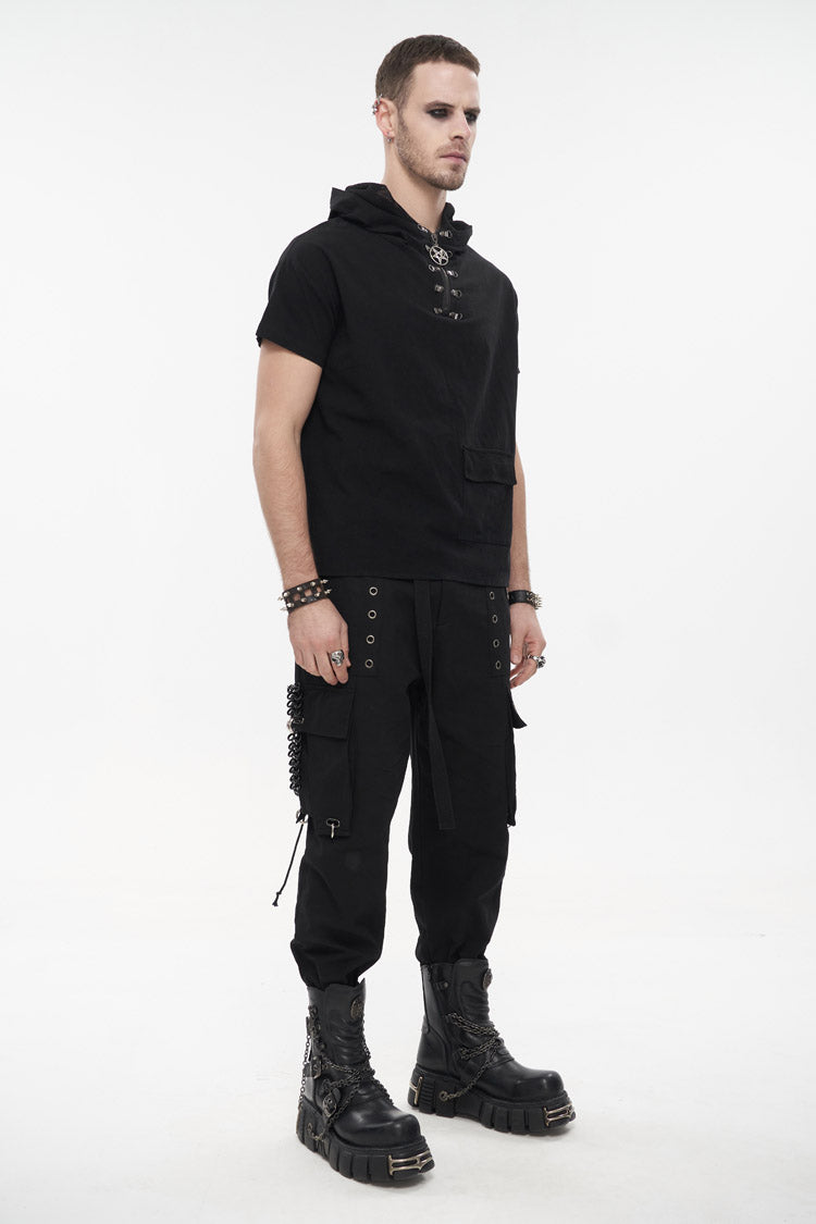Black Hooded Mesh Splice Zipper Back Openwork Lace-up Short Sleeve Punk T-shirt