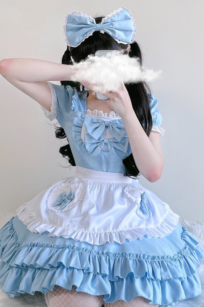 Double Ribbon Ruffle Lolita Maid Dress Set