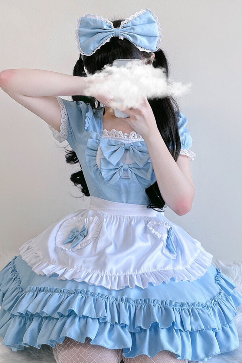 Double Ribbon Ruffle Lolita Maid Dress Set